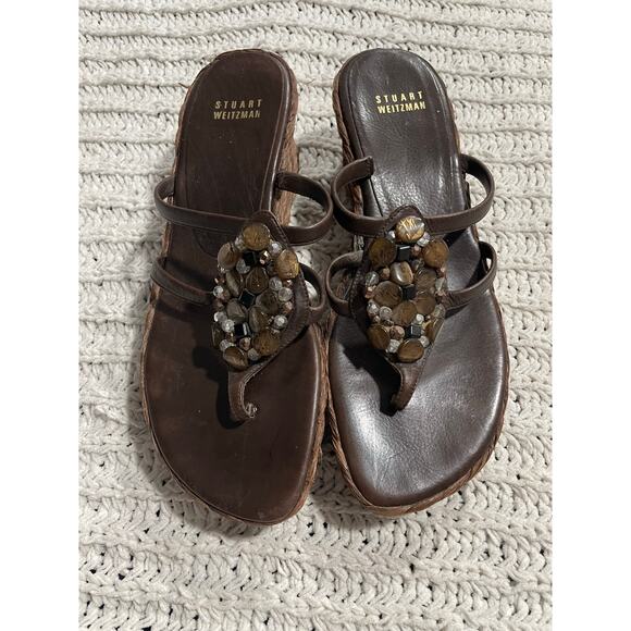 Stuart Weitzman Sandals Beaded Platform Woven Womens 7 M Brown Spain 45946 *Flaw - Picture 2 of 11